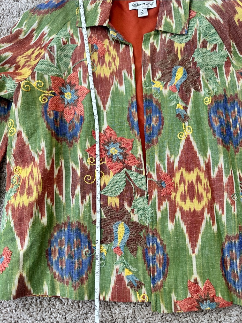 Coldwater Creek Linen Blend Embroidered Ikat Floral Jacket Small Boho Art Wear - Picture 4 of 5